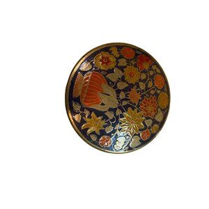 Vintage Cloisonne Chinese Brass Trinket Box Round Enamel Floral Design